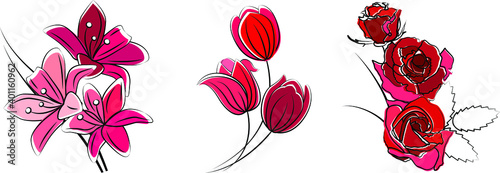 Set with different red flowers isolated on white background