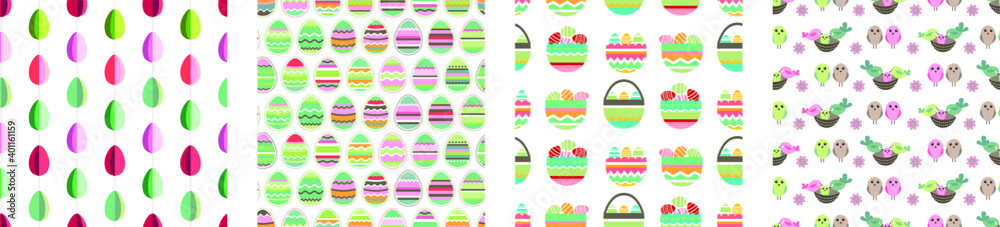 Seamless patterns with easter symbols,eggs and birds. Collection with endless textures