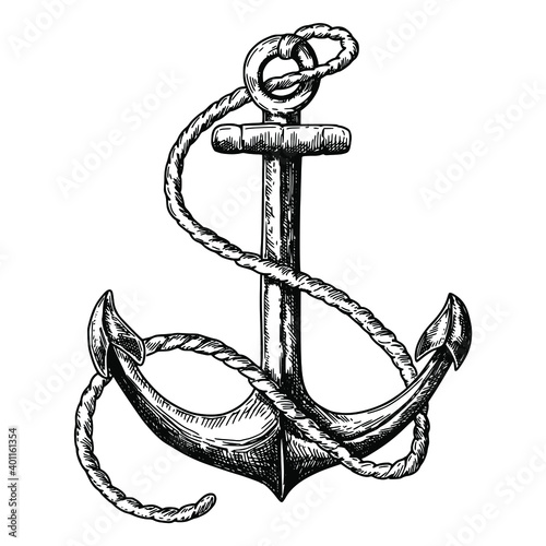 Fotografering Vintage hand drawn anchor isolated on white background, pen and ink line etching
