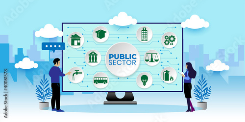 Governmental System Citizen Service Concept. Public Sector Government People Business Concept With icons. Cartoon Vector People Illustration