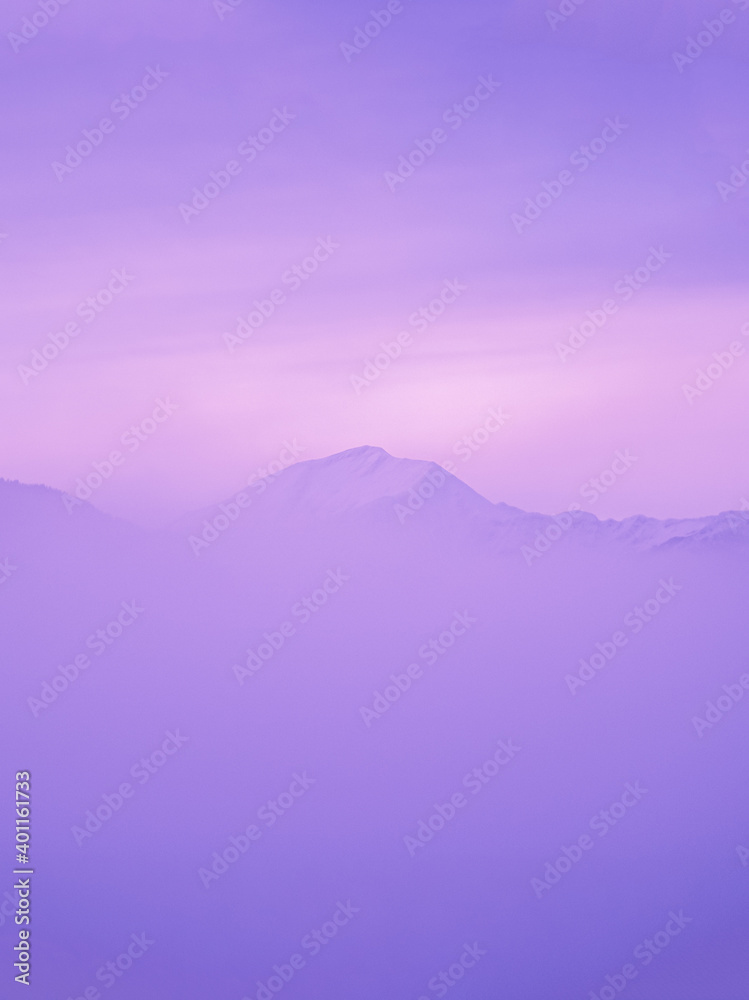 Fantastic mountain covered with purple mist, fabulous surreal  inspiration landscape