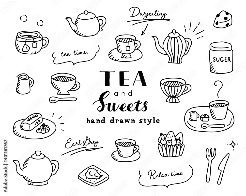 ティータイムの手描きイラストのセット／紅茶／ティーカップ／ティーポット／カフェ／スイーツ／デザート