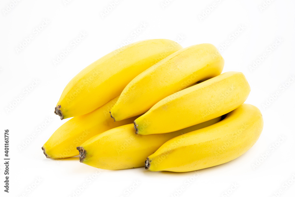  Yellow ripe banana peeled half isolated on white background