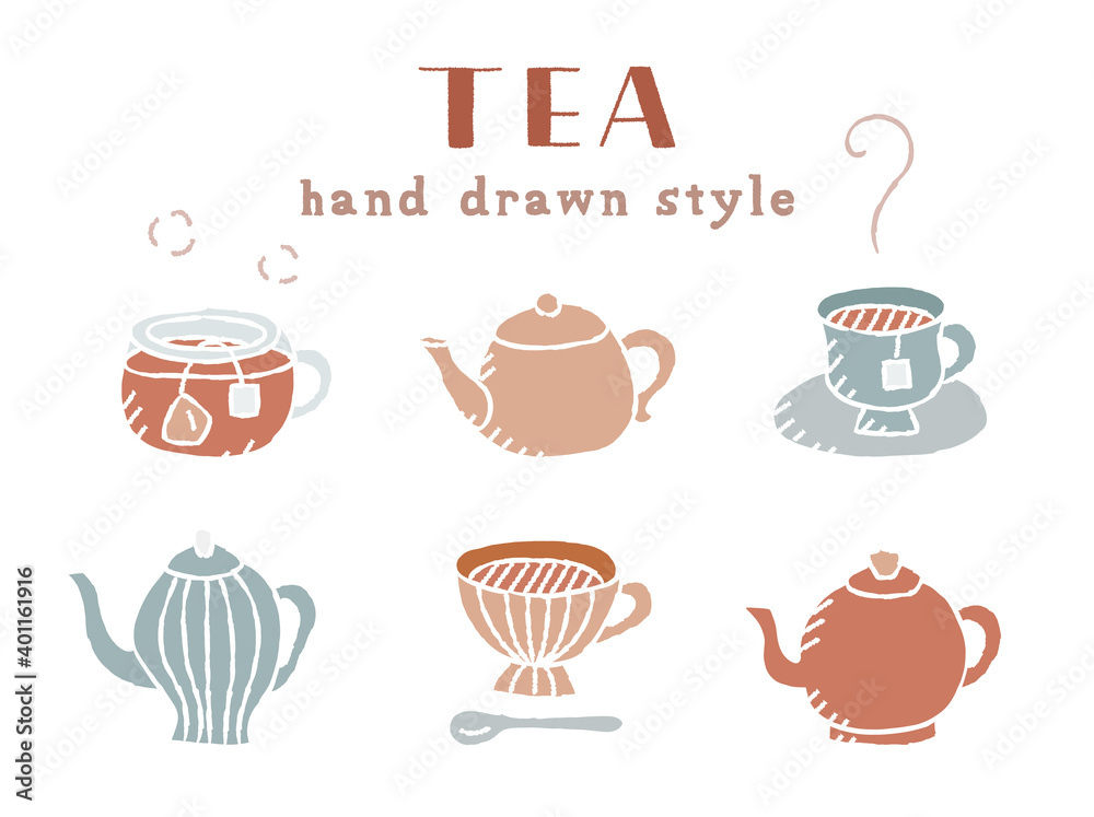 ティーカップとティーポットの手描きイラストのセット／紅茶／おしゃれ／ティータイム／コーヒー／カフェ