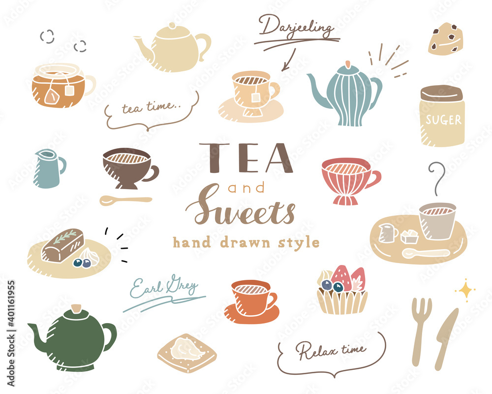 ティータイムの手描きイラストのセット 紅茶 ティーカップ ティーポット カフェ スイーツ デザート Stock Vector Adobe Stock