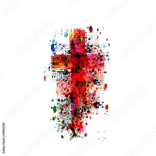 Colorful christian cross with musical notes isolated vector illustration. Religion themed background. Design for gospel church music, choir singing, concert, festival, Christianity, prayer
