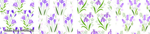 Seamless patterns with spring blue flowers. Endless textures for season easter design