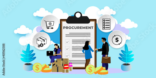 Procurement Process of Purchasing Goods, Procurement Management Industry concept 
With icons. Cartoon Vector People Illustration