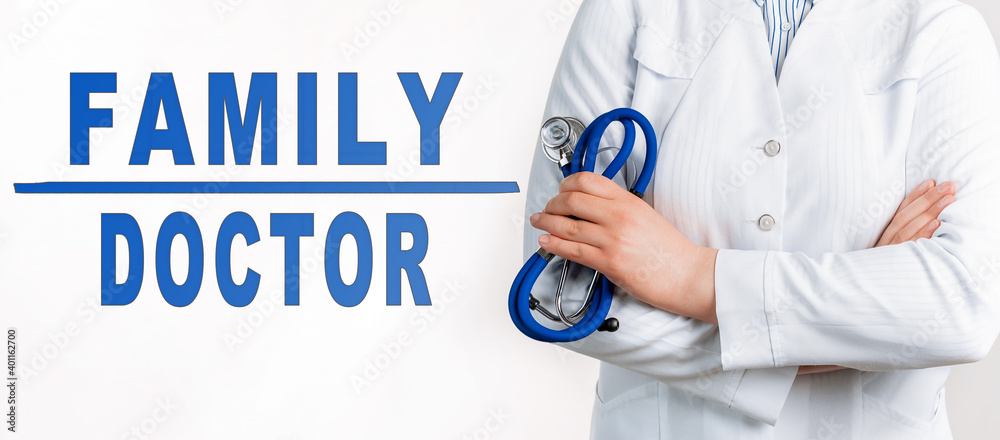 Words - FAMILY DOCTOR on a white background. Medical concept