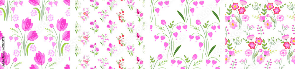 Seamless patterns with pink easter flowers. Collection with endless textures