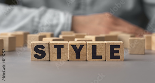The word STYLE made from wooden cubes. Shallow depth of field on the cubes