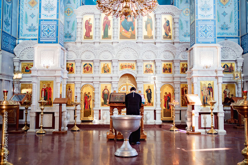baptismal font in Orthodox Church with cover of with a handle