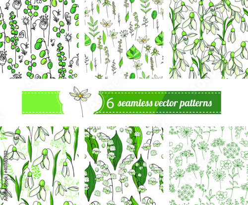 Seamless season patterns with white convallaria, snowdrops, wild herbs,leaves and flowers. Season collection for spring design