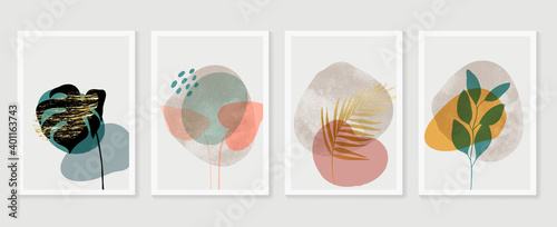 Botanical and gold abstract wall arts vector collection.  Golden and luxury pattern design with leaves line arts, Hand draw Organic shape design for wall framed prints, canvas prints, poster, home dec