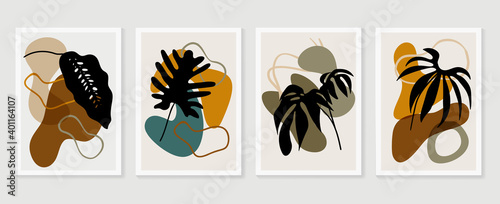 Botanical wall art vector set. Earth tone boho foliage line art drawing with  abstract shape.  Abstract Plant Art design for wall framed prints, canvas prints, poster, home decor, cover, wallpaper. © TWINS DESIGN STUDIO