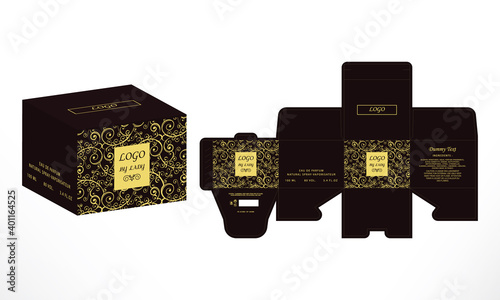 Perfume Packaging Box Design, luxury products  Box die line, 3d Box Mockup labels, icon, frames and Design elements, 3d Illustration, Vector design Template.
