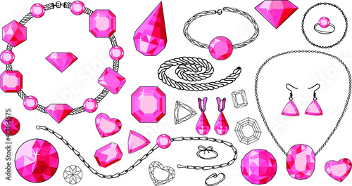 Chains, bracelets, rings with rubies isolated on white background.