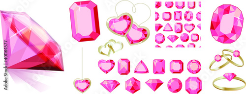 Different jewels isolated on white background. Rubies and gold