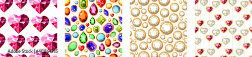 Collection of seamless patterns with diamonds and rubies. White,red and dark color. Endless texture for your design, announcements, greeting cards, posters, advertisement.