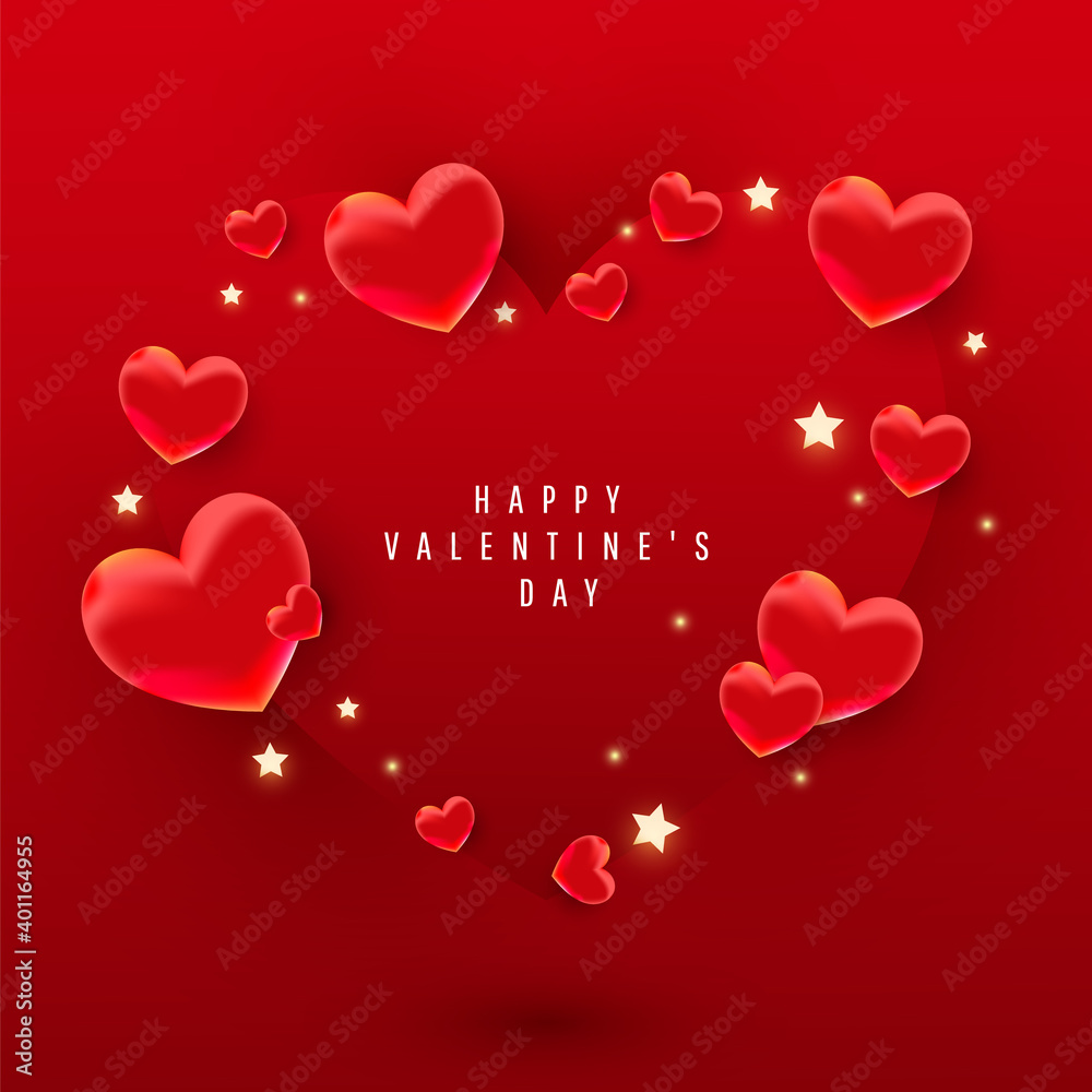 Happy Valentine Day banner. Bright heart air shapes decor on red background with discount text. Can be used for flyers, invitation, posters, brochure, banners.