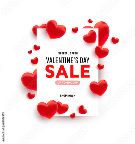 Beautiful red sweet candy love shape around frame with discount sale text on white background. Flat lay, top view, copy space. Vector illustration