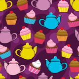 Cute tea pots and cupcakes seamless vector seamless pattern
