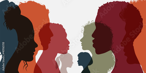 Silhouette group of men and women of diverse culture standing together in front of the other. Diversity multi-ethnic and multiracial people. Concept racial equality and anti-racism