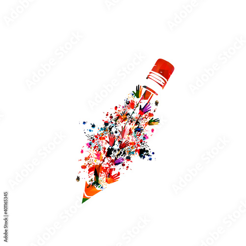 Colorful pencil with hands for creative writing, classes, education and learning concept. Children at school, studying concept