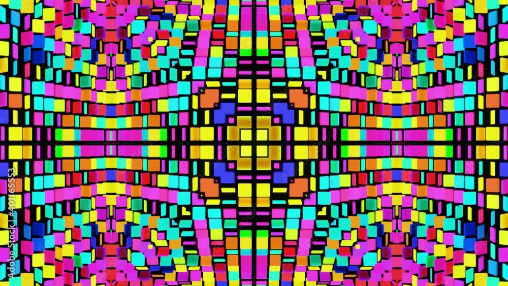 Abstract symmetrical composition, multicolored 3d elements. Looped bg for show or events, exhibitions, festivals or concerts, music videos, DJ or VJ for night clubs.