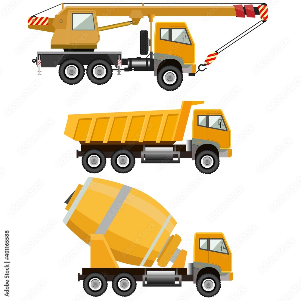 Construction machinery set. Mobile crane. Concrete mixer. Dump truck. Vector illustration. Isolated on white background. Color yellow. Construction machinery set. Mobile crane. Concrete mixer. Dump truck. Vector illustration. Isolated on white background. Color yellow.