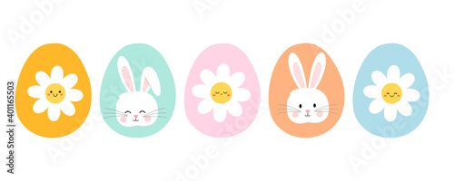 Easter eggs with flowers and rabbit head icon on white background vector illustration.