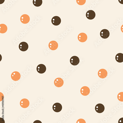 Seamless pattern with bubble milk tea texture, black and orange pearl on pastel background vector illustration.