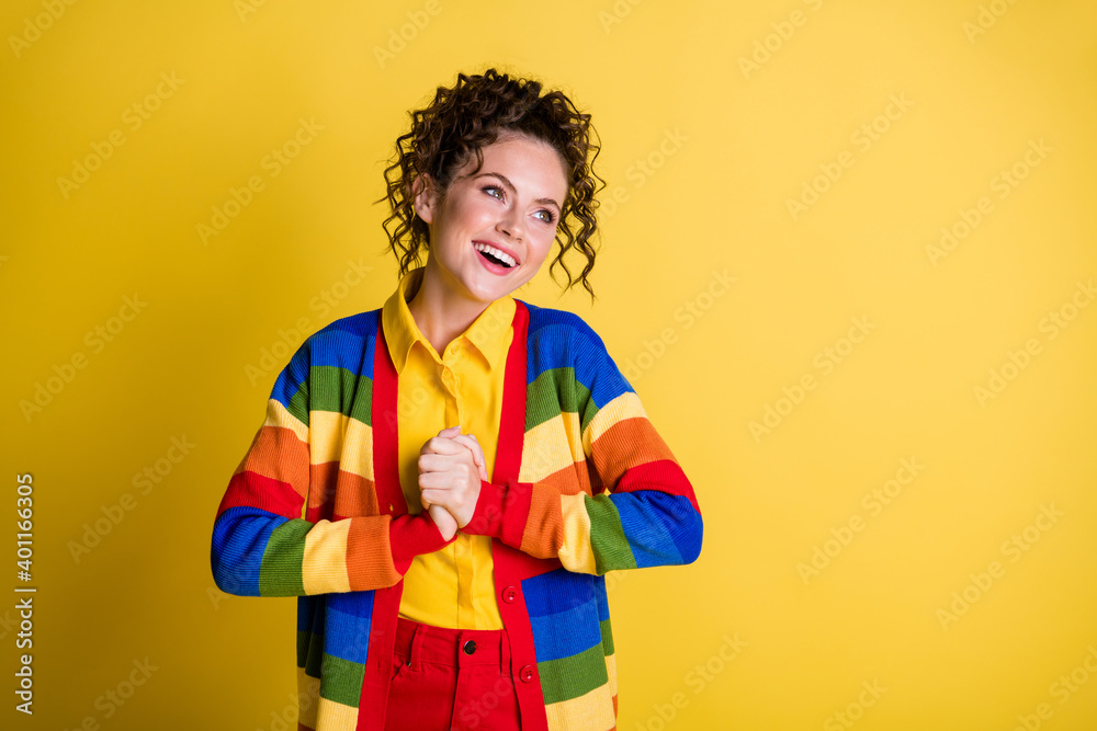 Photo of positive girl look copyspace feel thankful put hands together isolated bright color background Photo of positive girl look copyspace feel thankful put hands together isolated bright color background