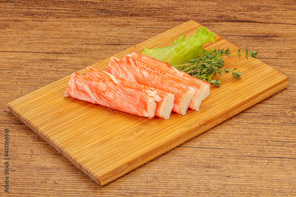 Crab sticks served salad leaves Crab sticks served salad leaves