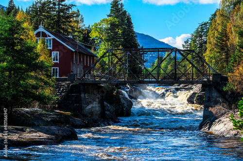 Billede på lærred Bridges over a whitewater river on the way from Sandefjord to Mount Gaustatoppen