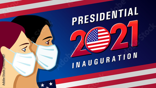 Presidential Inauguration USA, January 2021 with people in mask and flag. Creative lock down, social distancing US president inauguration banner. Isolated vector graphic design