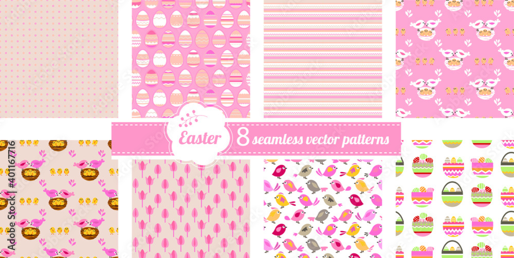 Seamless patterns with stylized cute flowers and birds. Endless texture for announcements, greeting cards, posters, advertisement.