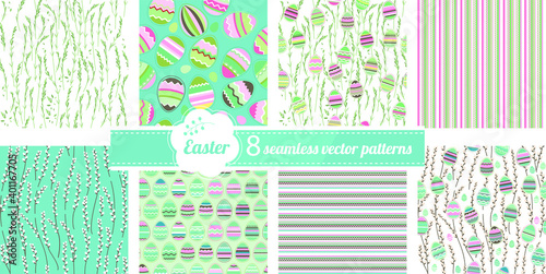 Seamless patterns with stylized cute eggs and pussy willows. Endless texture for announcements, greeting cards, posters, advertisement.