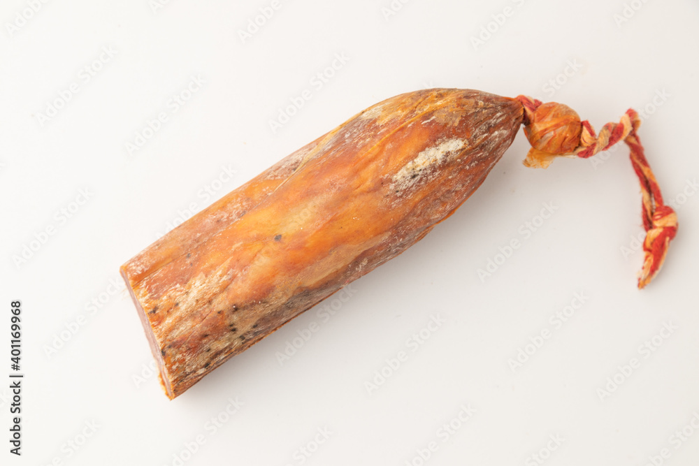 Spanish sausage pork tenderloin on white background Spanish sausage pork tenderloin on white background