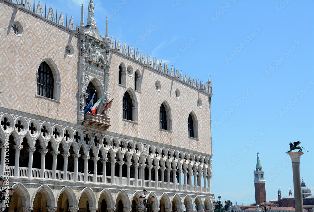 Palazzo Ducale in Venice is a Renaissance jewel in the square where the lion of San Marco and the bell tower of the church of San Giorgio are magical background.