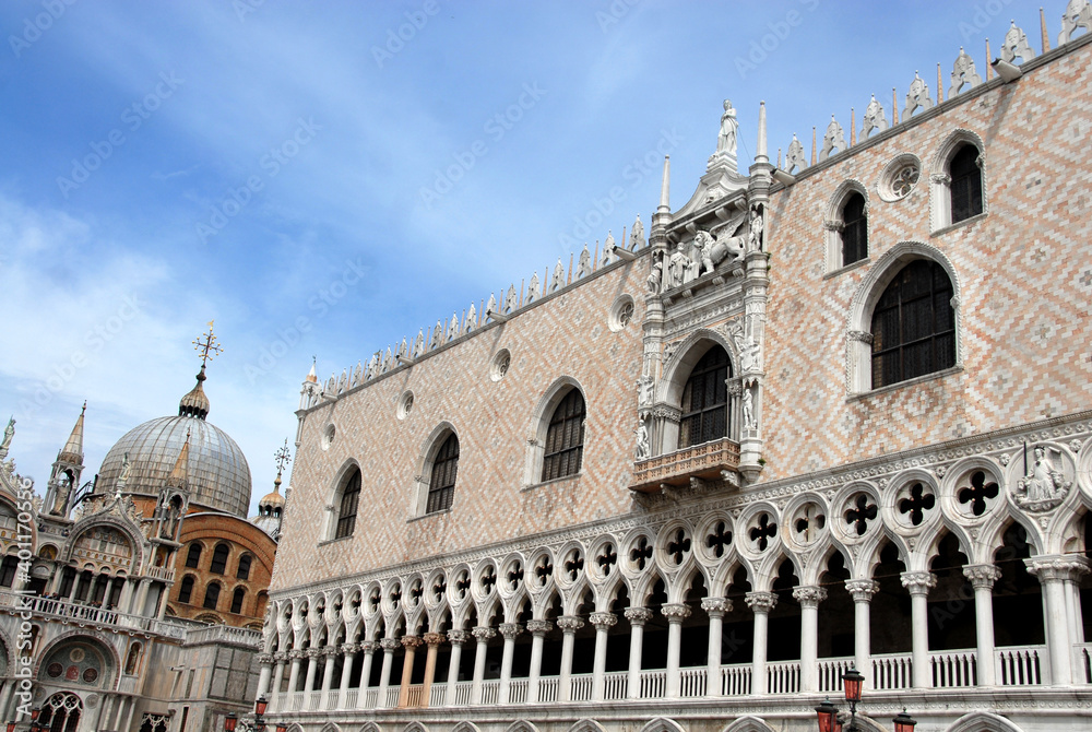 Palazzo Ducale in Venice is a Renaissance jewel in the square where the lion of San Marco and the bell tower of the church of San Giorgio are magical background.