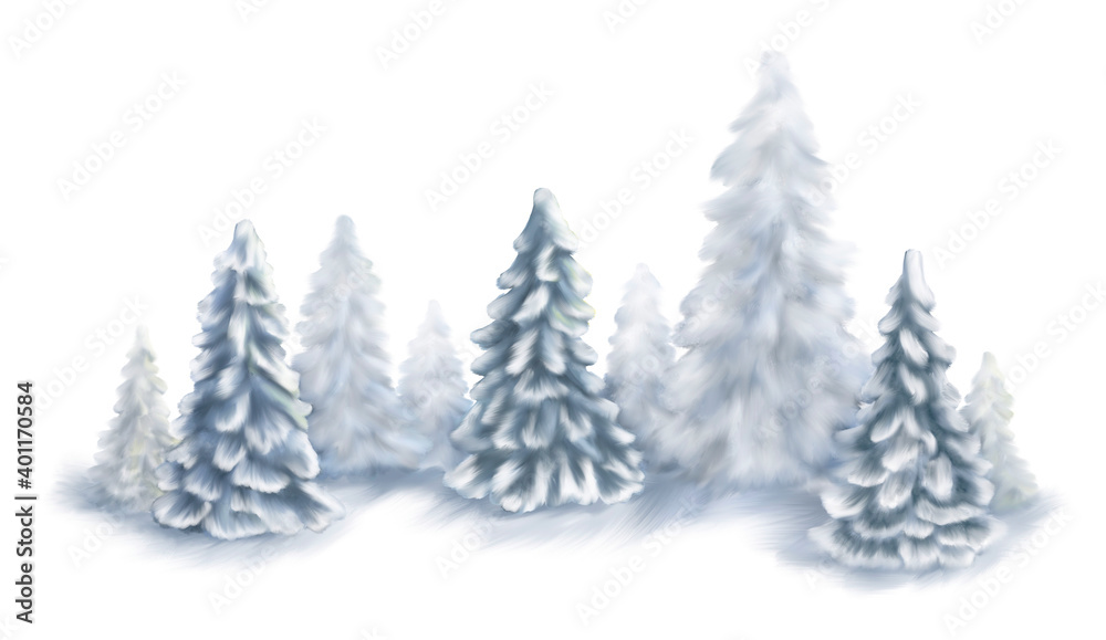 Watercolor illustration of a coniferous forest. Winter nature Hand drawn background.