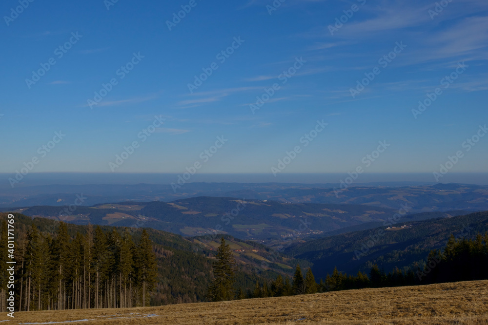 beautiful wide view to mountains and large forest