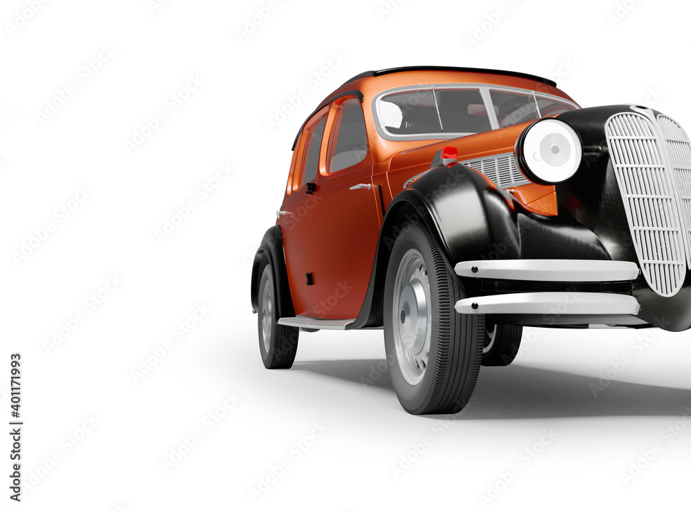 3D rendering classic retro car front red on white background with shadow
