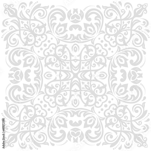 Oriental pattern with arabesques and floral elements. Traditional classic light silver ornament. Vintage pattern with arabesques