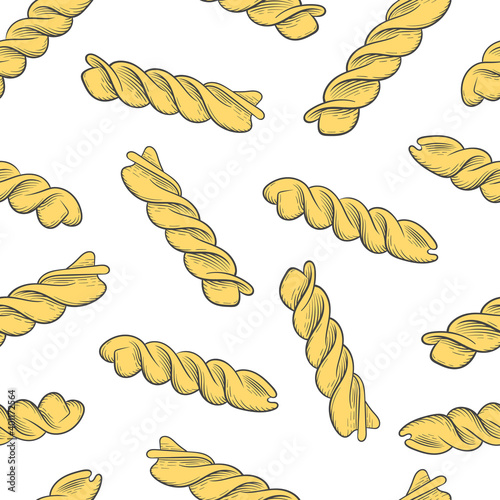 Italian Fusilli pasta, seamless background. Drawing engraving, ink, line art. Traditions of Italian cuisine. For menu design, packaging, interior etc. Vector drawing isolated on a white background.