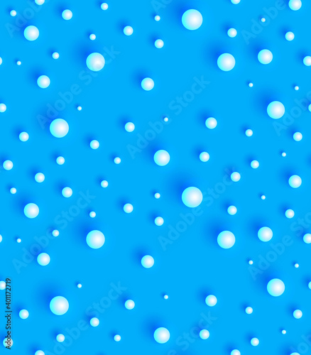 White Translucent Balls on blue background. Geometric Seamless Pattern. Texture with white round spheres. Design Template for Packaging, Cards, Holiday Decoration, Textile, Wallpaper, Interior