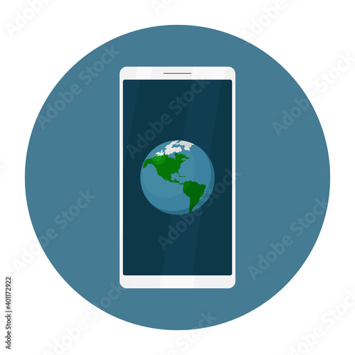 Earth symbol on mobile phone screen. Vector illustration.
