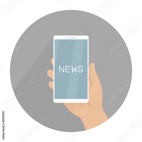 Mobile news. Hand hold cellphone. Vector illustration.