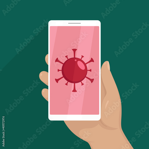 Hand hold smartphone with virus symbol on screen. Vector illustration.